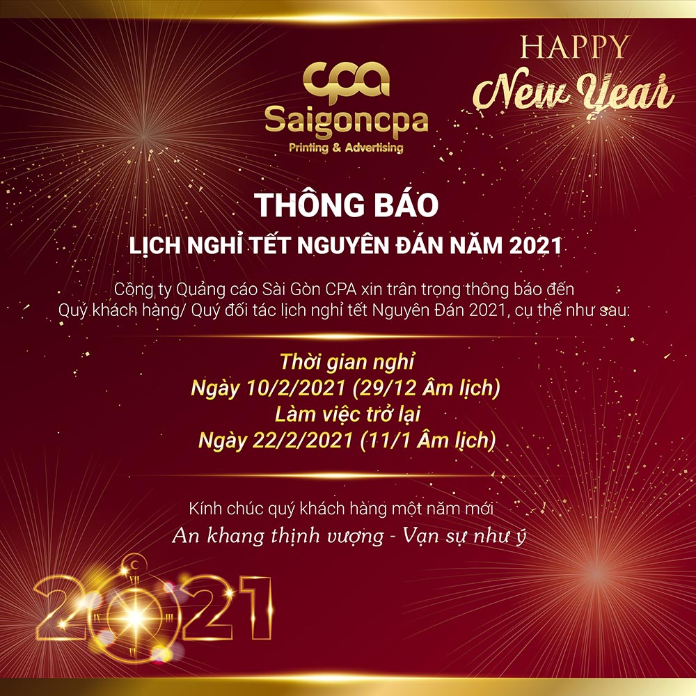 THÔNG BÁO NGHỈ TẾT NGUYÊN ĐÁN 2021