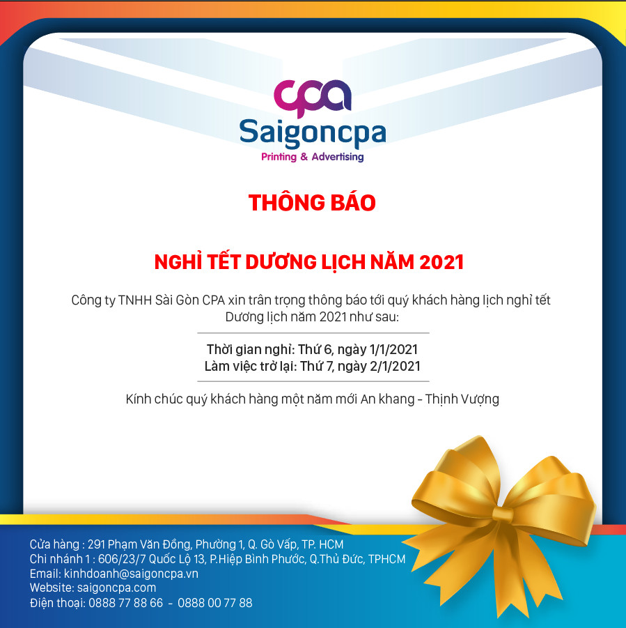 THÔNG BÁO NGHỈ TẾT DƯƠNG LỊCH 2021
